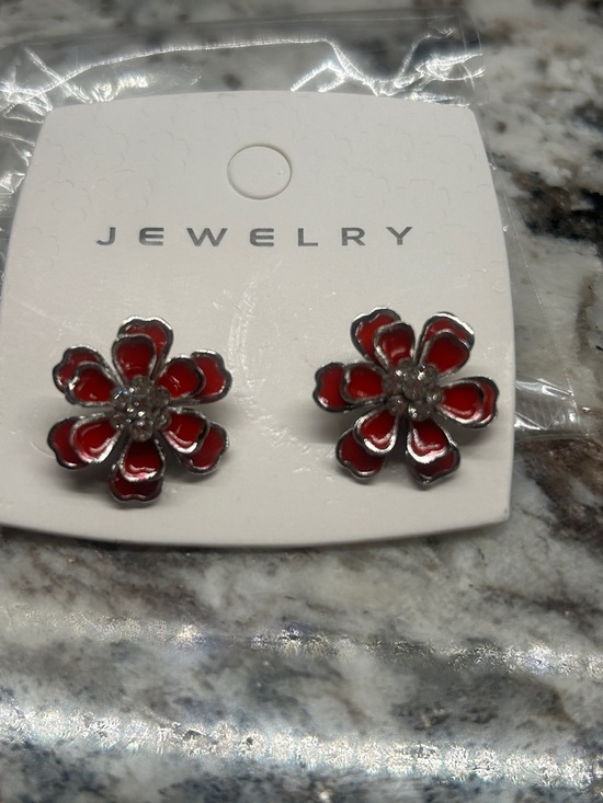 Jewelry - Red Enamel Floral Stud Earrings with Crystal Centers